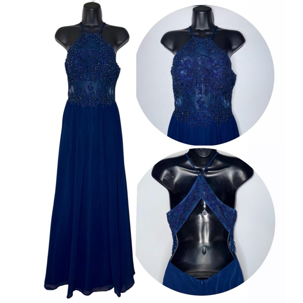 Vintage Blondie Nights Navy Blue Beaded Halter Evening Floor Length Gown Dress